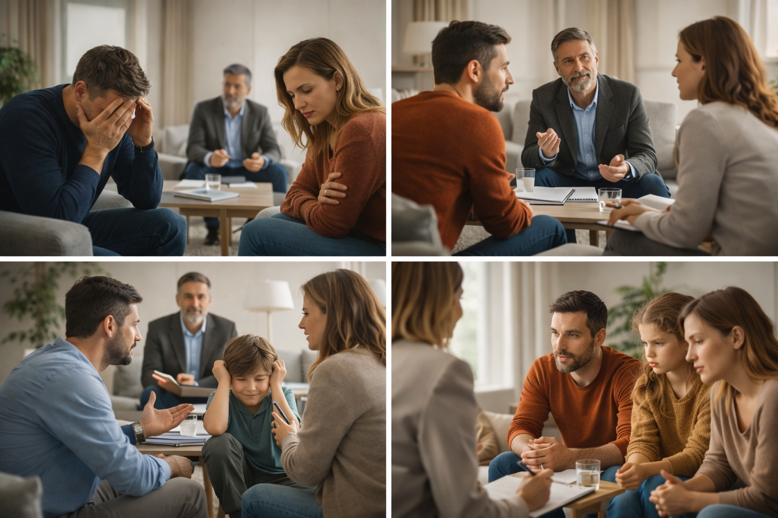 Illustration of a mediator facilitating a conversation between two family members