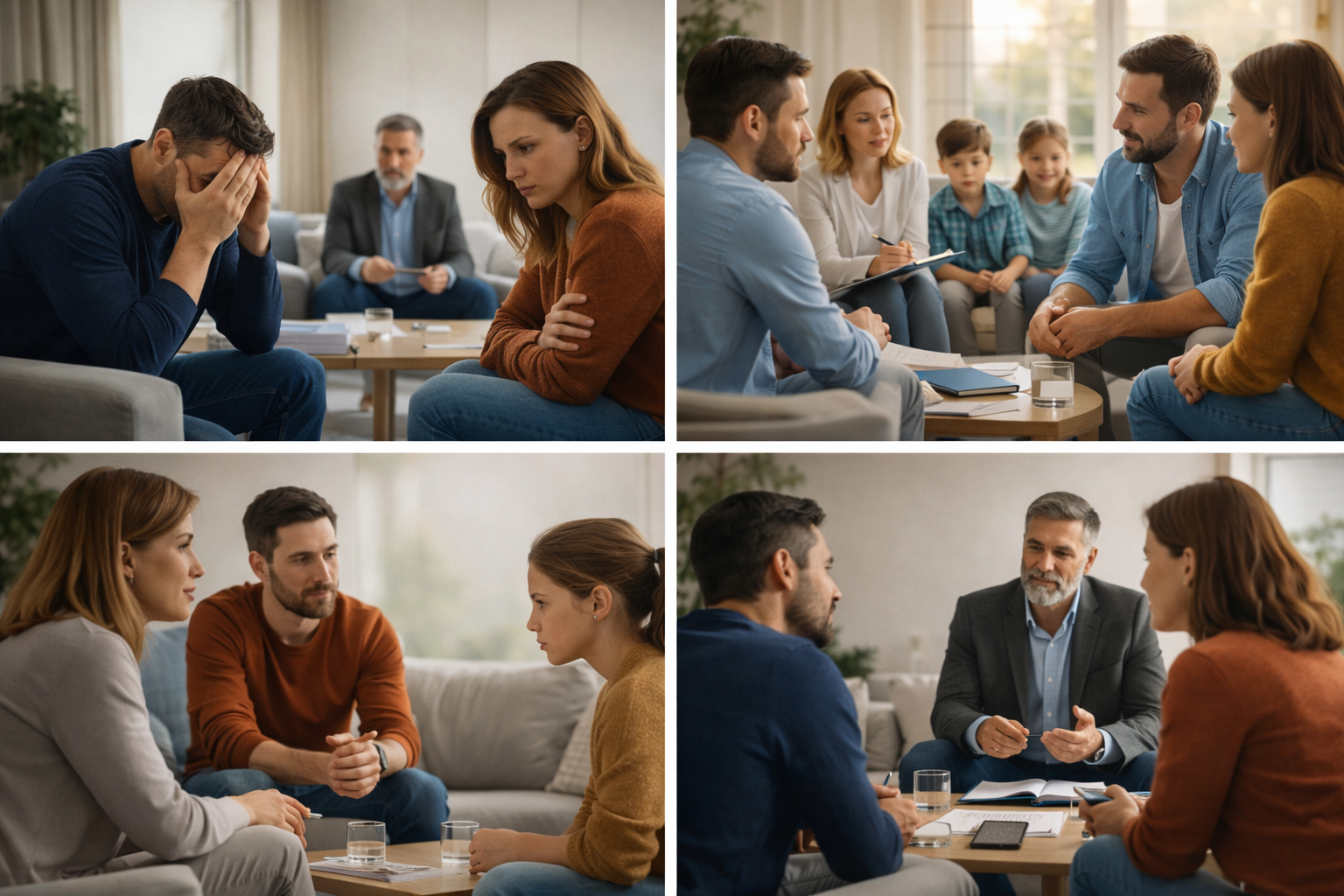 Illustration of a family sitting together and talking with a mediator