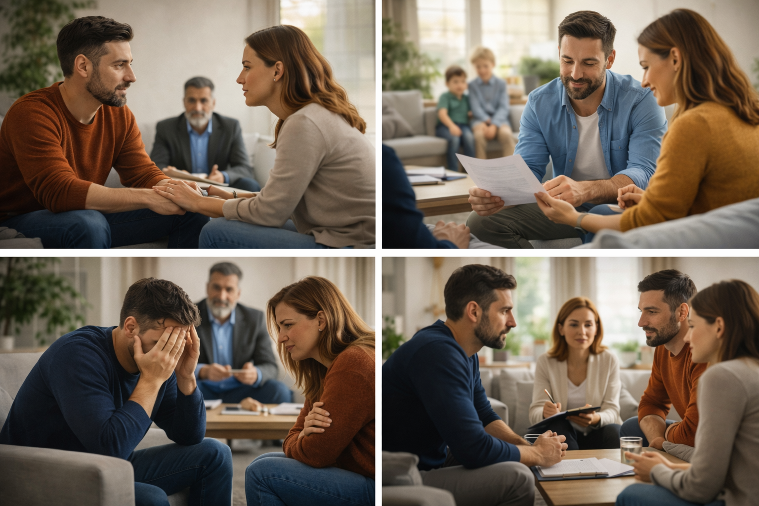 Illustration of a family sitting together and talking with a mediator